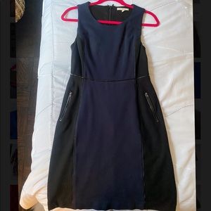 Navy and black dress with leather trim